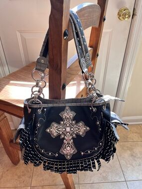 Heritage West Embellished Fringe, Rhinestone Shoulder Bag w/ Cross Accent